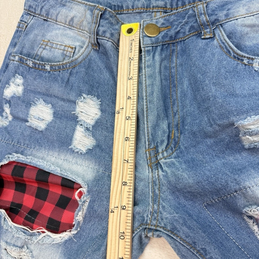 Distressed Patchwork Jeans Womens Medium Red Plai… - image 5